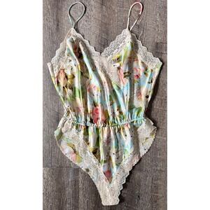 Vintage Delicates Romper Teddy Lingerie pastel floral lace‎ trim size L high cut